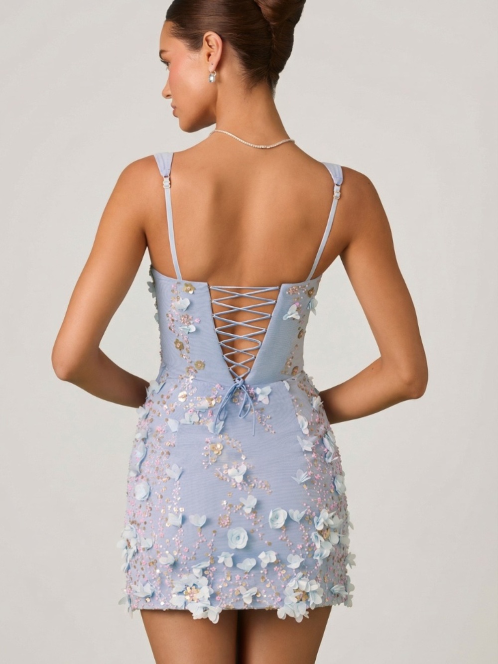 Oh Polly Embellished Appliqué Corset Mini Dress in Sky Blue 6 - Picture 2 of 3